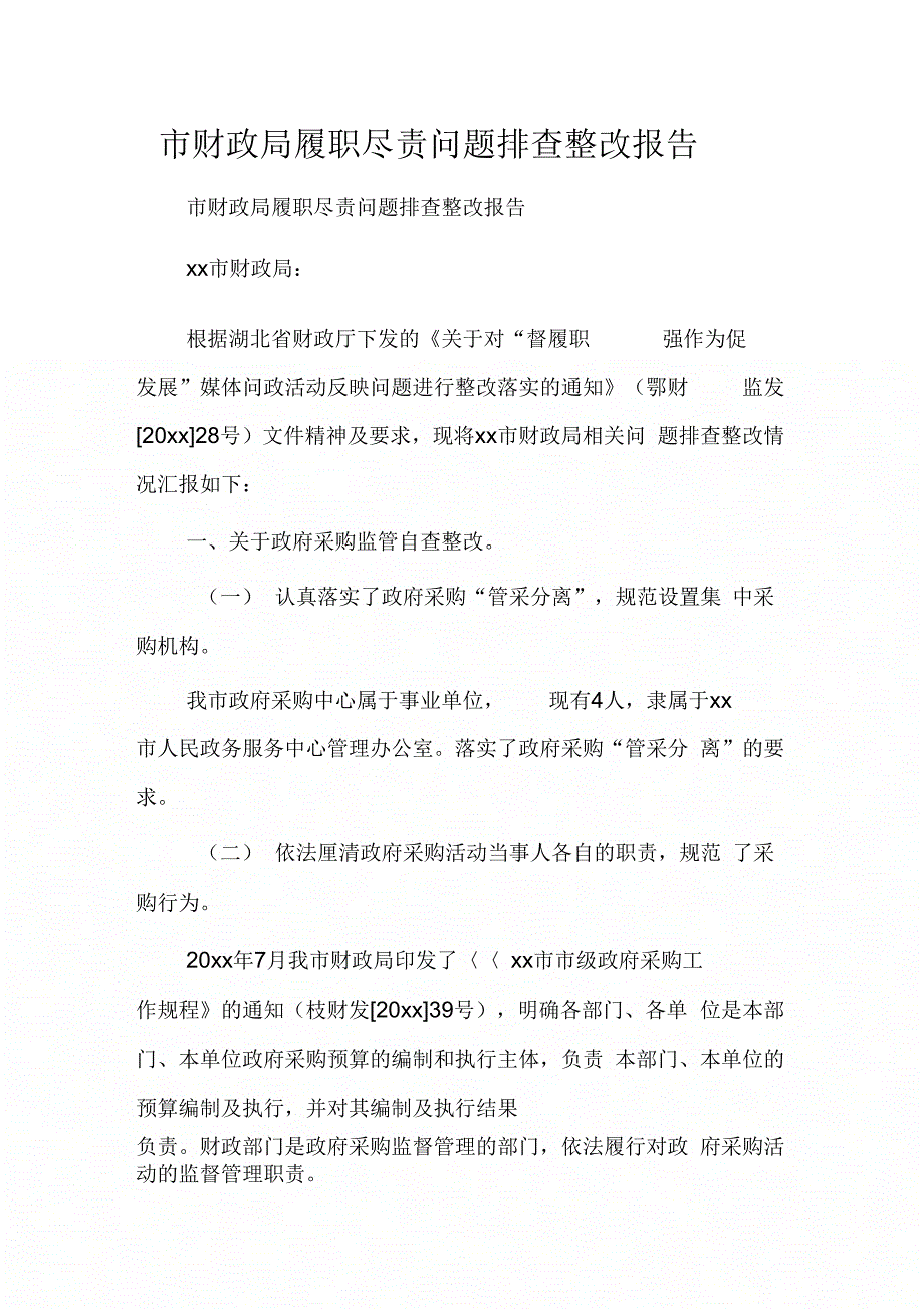 202X年市财政局履职尽责问题排查整改报告_第1页