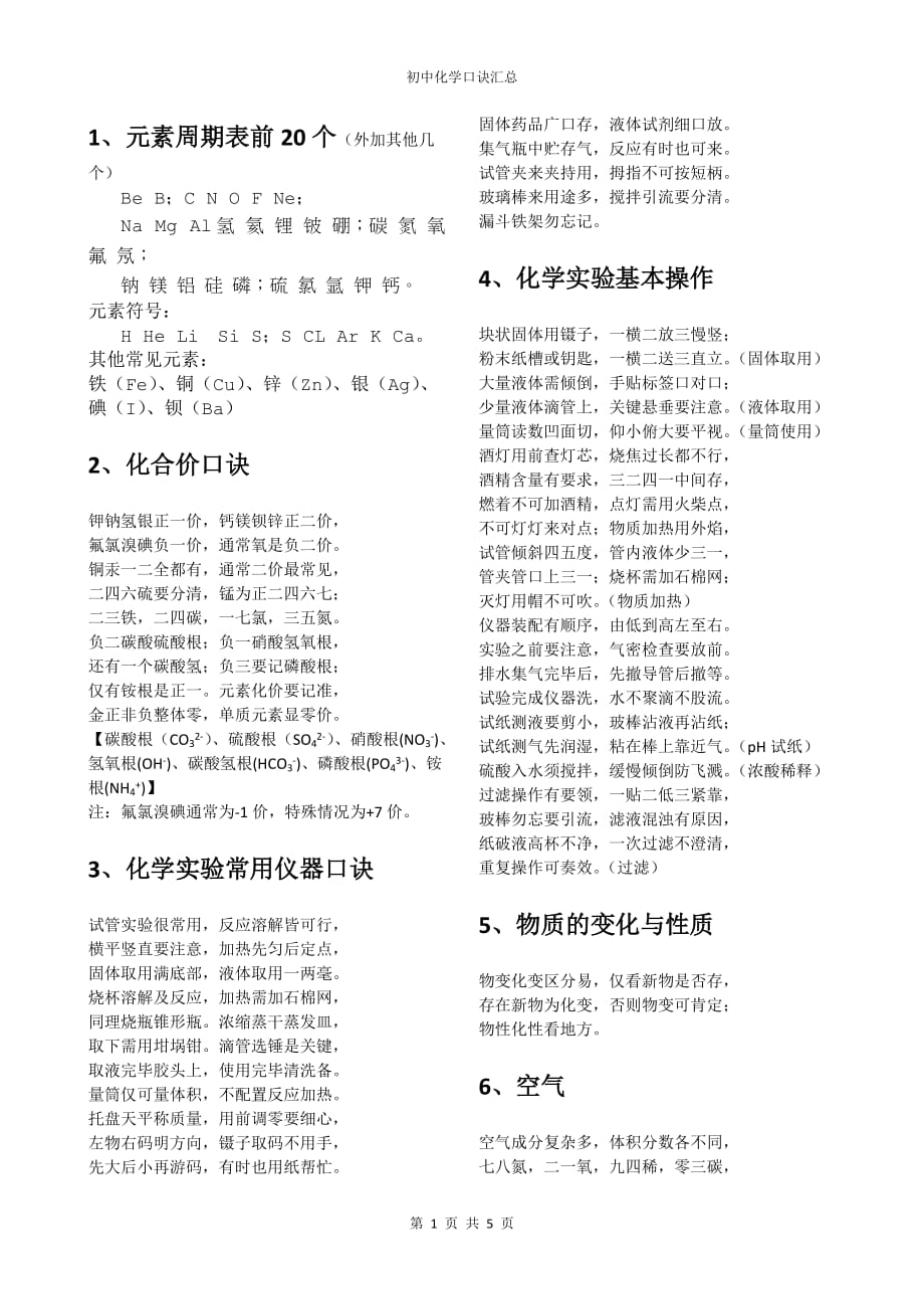 初中化学口诀汇总-_第1页