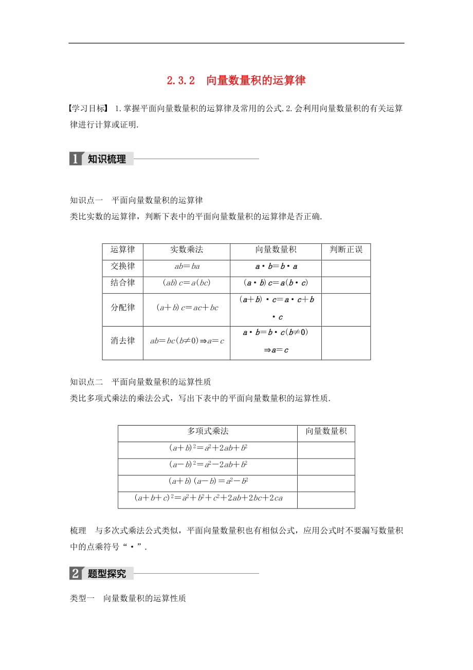 高中数学 第二单元 平面向量 2.3.2 向量数量积的运算律学案 北师大版必修4_第1页