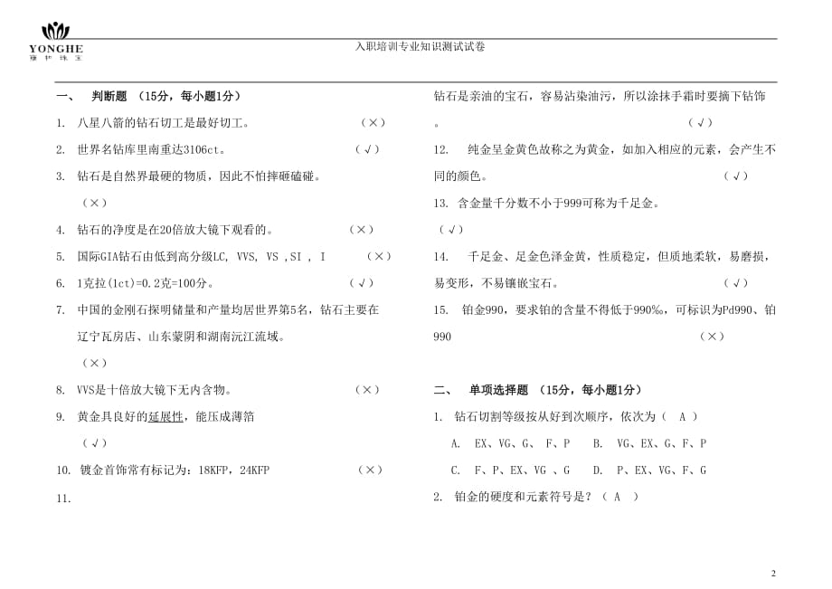 珠宝公司员工专业知识-标准答案_第2页