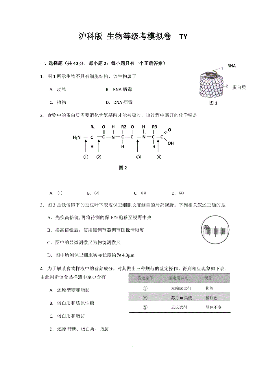 沪科版生物等级考-模拟卷(附标准答案)_第1页