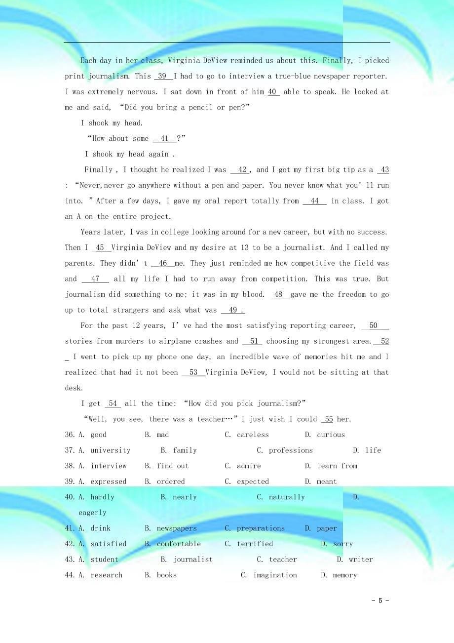 湖南绥宁县高考英语二轮复习完形填空选练_第5页