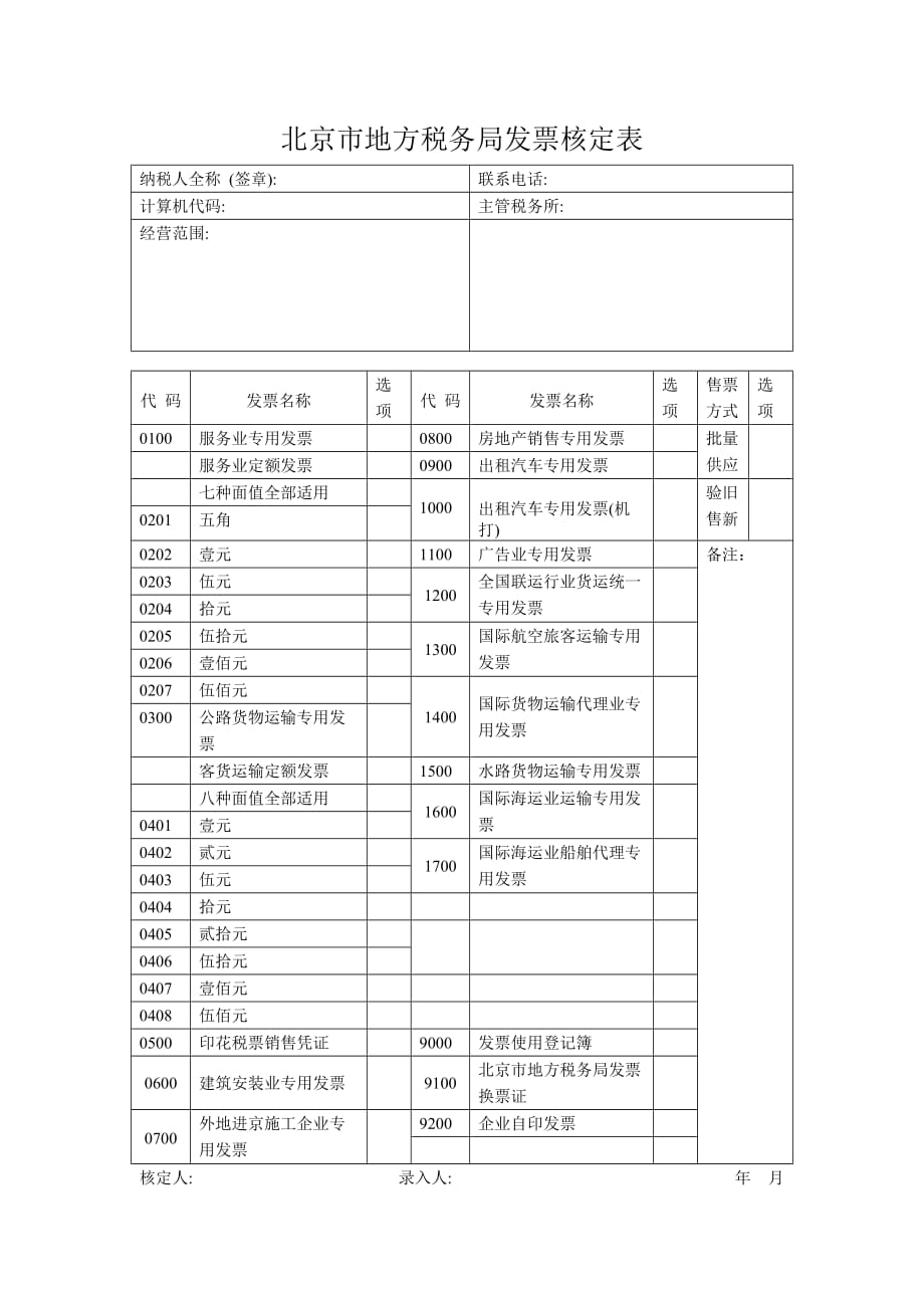 北京市地方税务局发票核定表_第1页