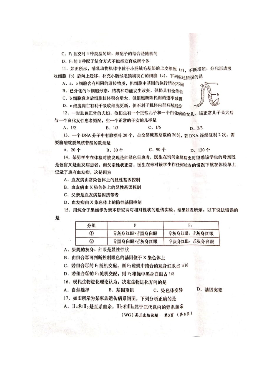 陕西省咸阳市武功县2021届高三第一次质量检测生物试题 扫描版含答案_第3页