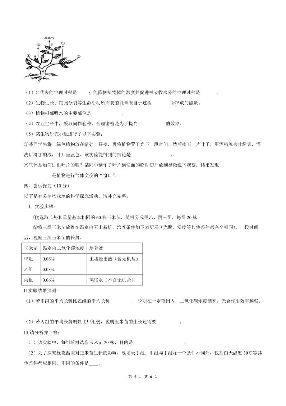 人教版七年级生物上册期末测试题_第5页