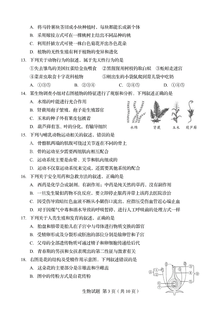 2020年青岛市中考生物试卷_第3页