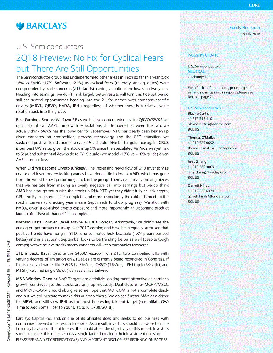 巴克莱-美股-半导体行业-美国半导体行业2018年Q2预览：没有对周期性恐惧的修正但仍有机会-201807_第1页