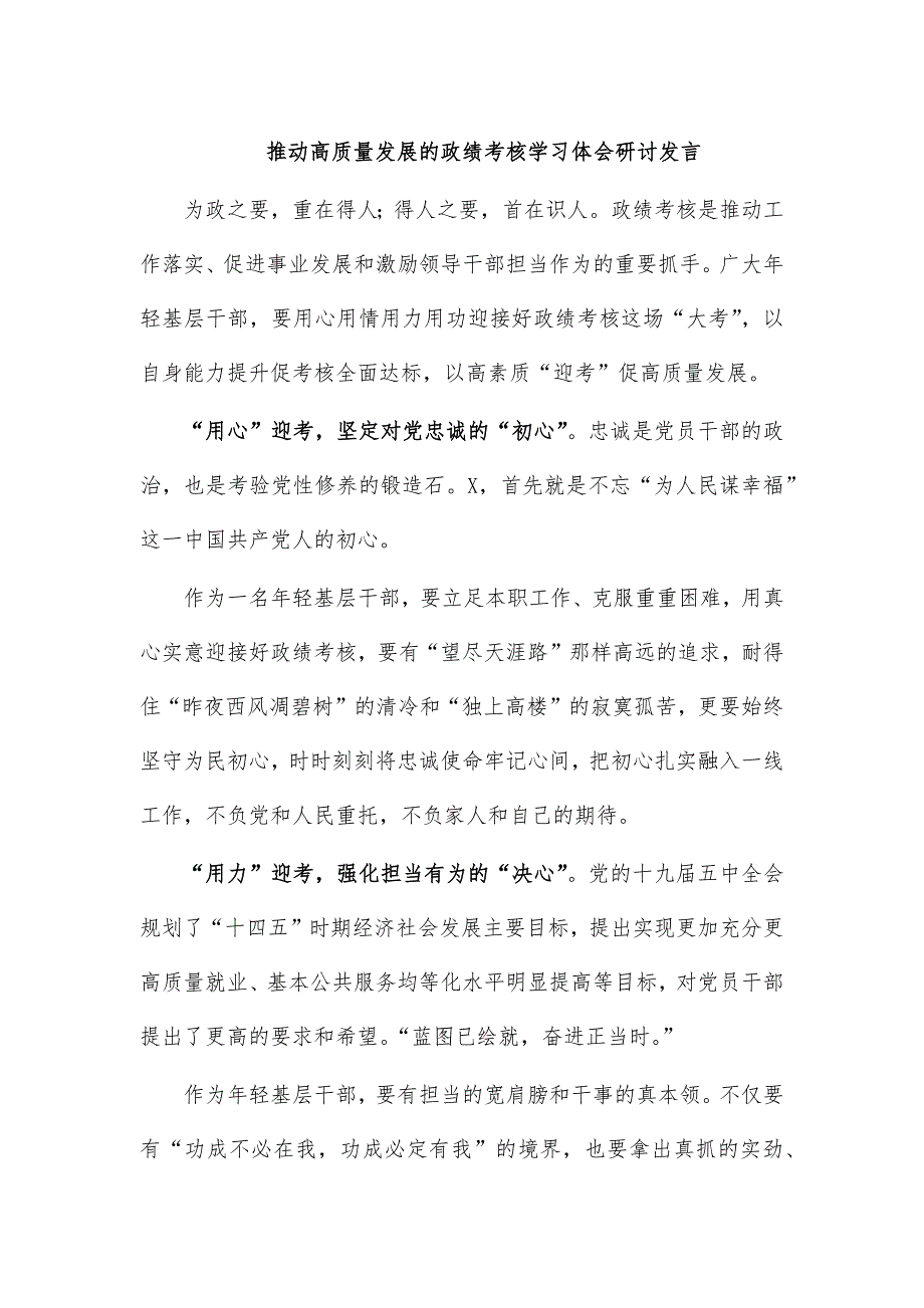 推动高质量发展的政绩考核学习体会研讨发言_第1页