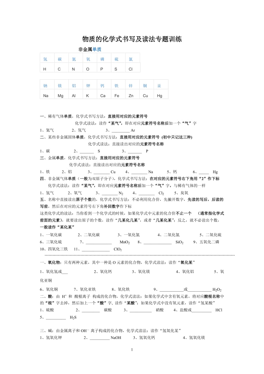 物质的化学式书写及读法专题训练.doc_第1页