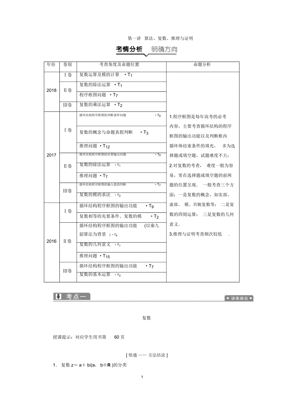 2019数学(理)二轮教案：专题六第一讲算法、复数、推理与证明Word版含解析_第1页