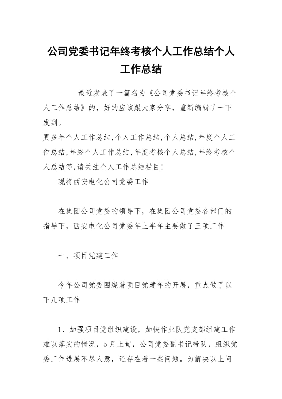 公司党委书记年终考核个人工作总结个人工作总结_第1页