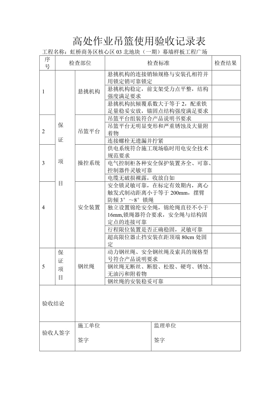 高处作业吊篮使用验收记录表_第1页