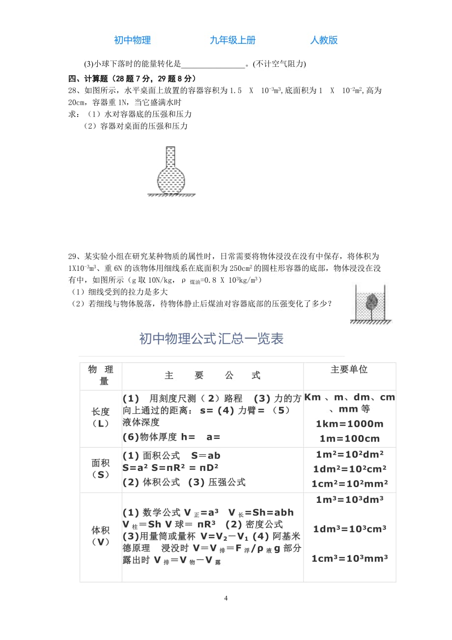 人教版初中物理九年级上册秋季学期第一次月考光学、压强、浮力综合测试（无答案）_第4页