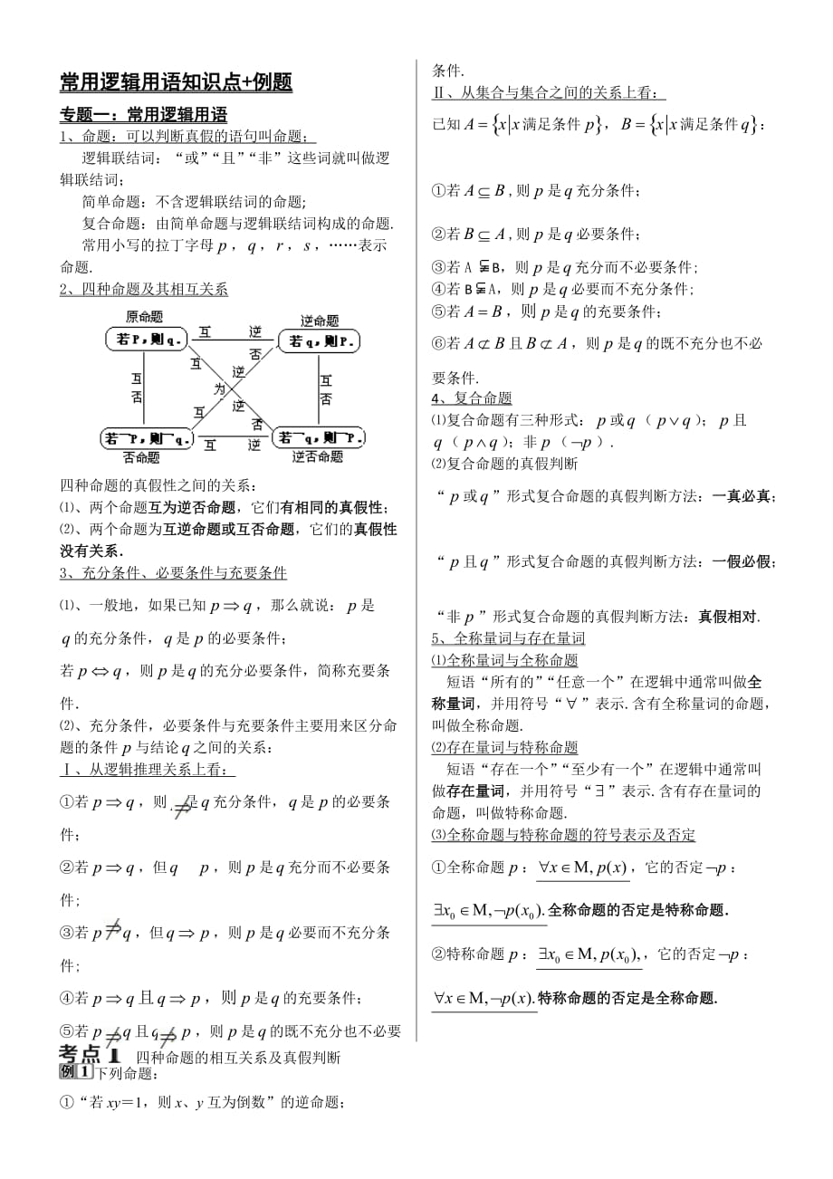 《专题一：常用逻辑用语》知识点+例题_第1页