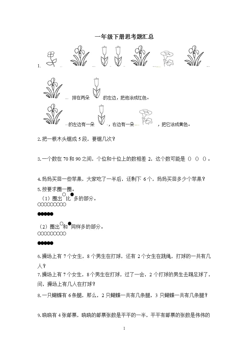 一年级数学下册思考题汇总（2020年11月整理）_第1页