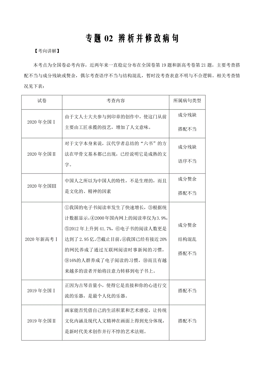 2021届新高考语文一轮复习考点专题02 辨析并修改病句（讲义原卷版）_第1页