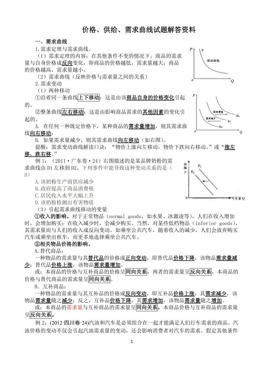 价格供给需求曲线试题解答资料_第1页