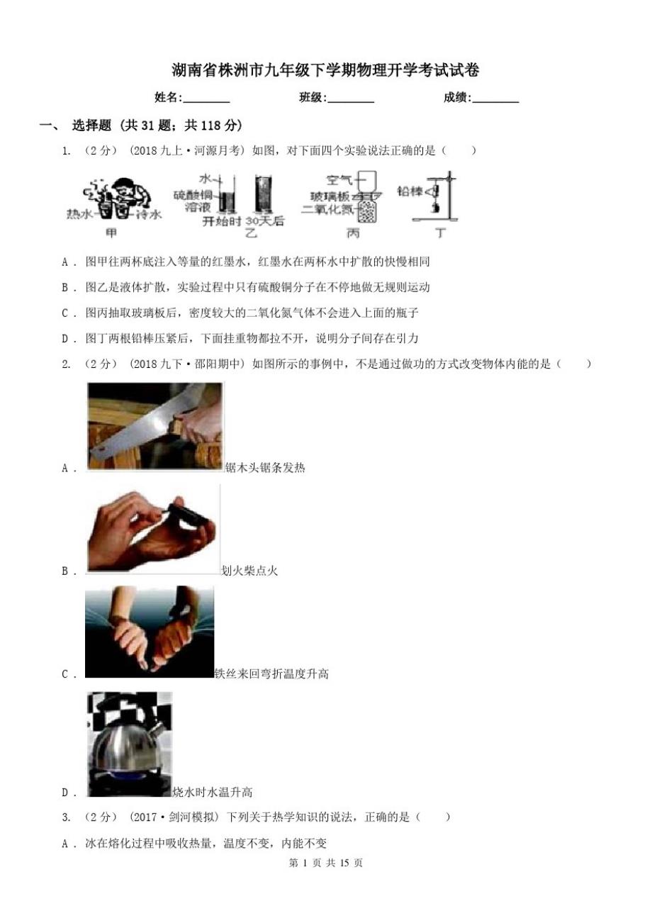 湖南省株洲市九年级下学期物理开学考试试卷_第1页