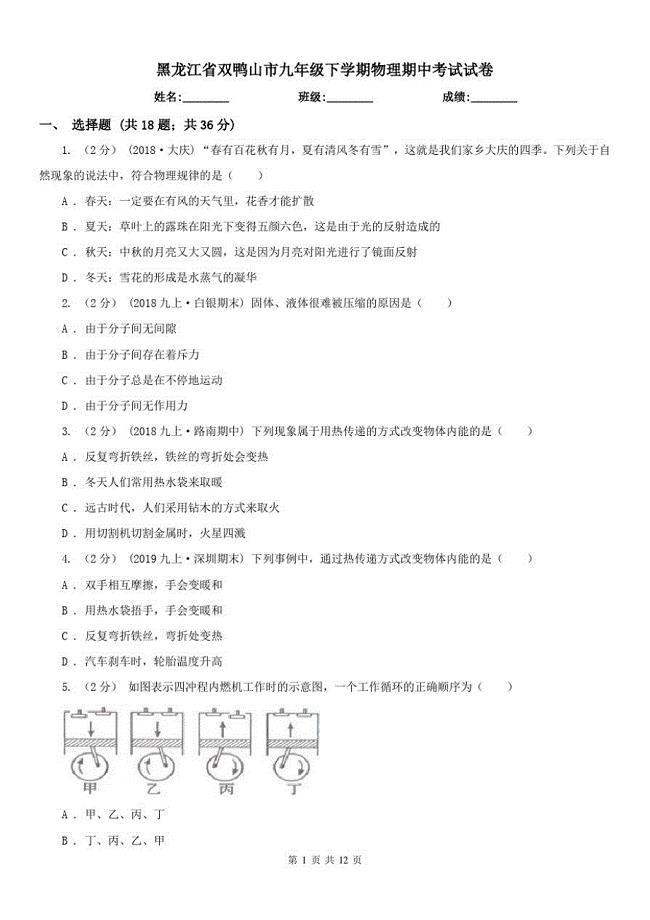 黑龙江省双鸭山市九年级下学期物理期中考试试卷