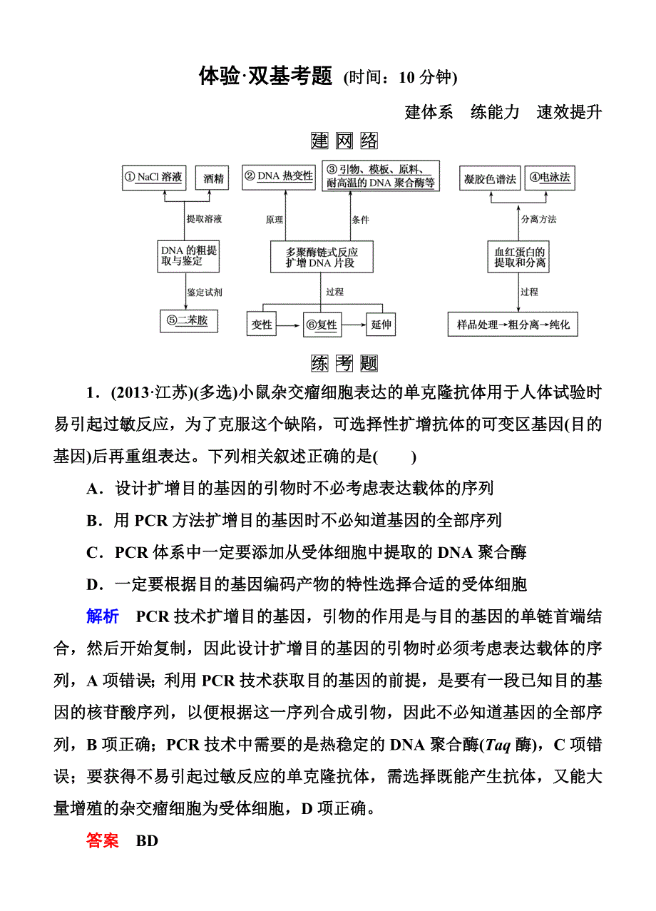 2015届高考生物(人教版通用)总复习体验双基考题选修1专题4生物技术在其他方面的应用_第1页