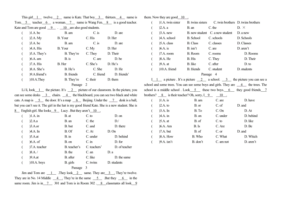 初一(七年级)英语完形填空100篇 新编已修订_第2页