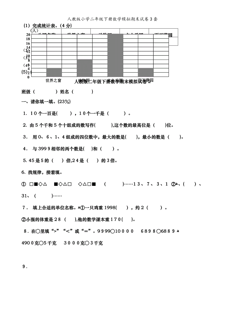 人教版小学二年级下册数学模拟期末试卷3套_第2页