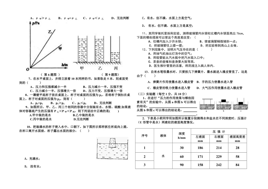 八年级物理《压强》测试卷及答案(沪科版)_第2页