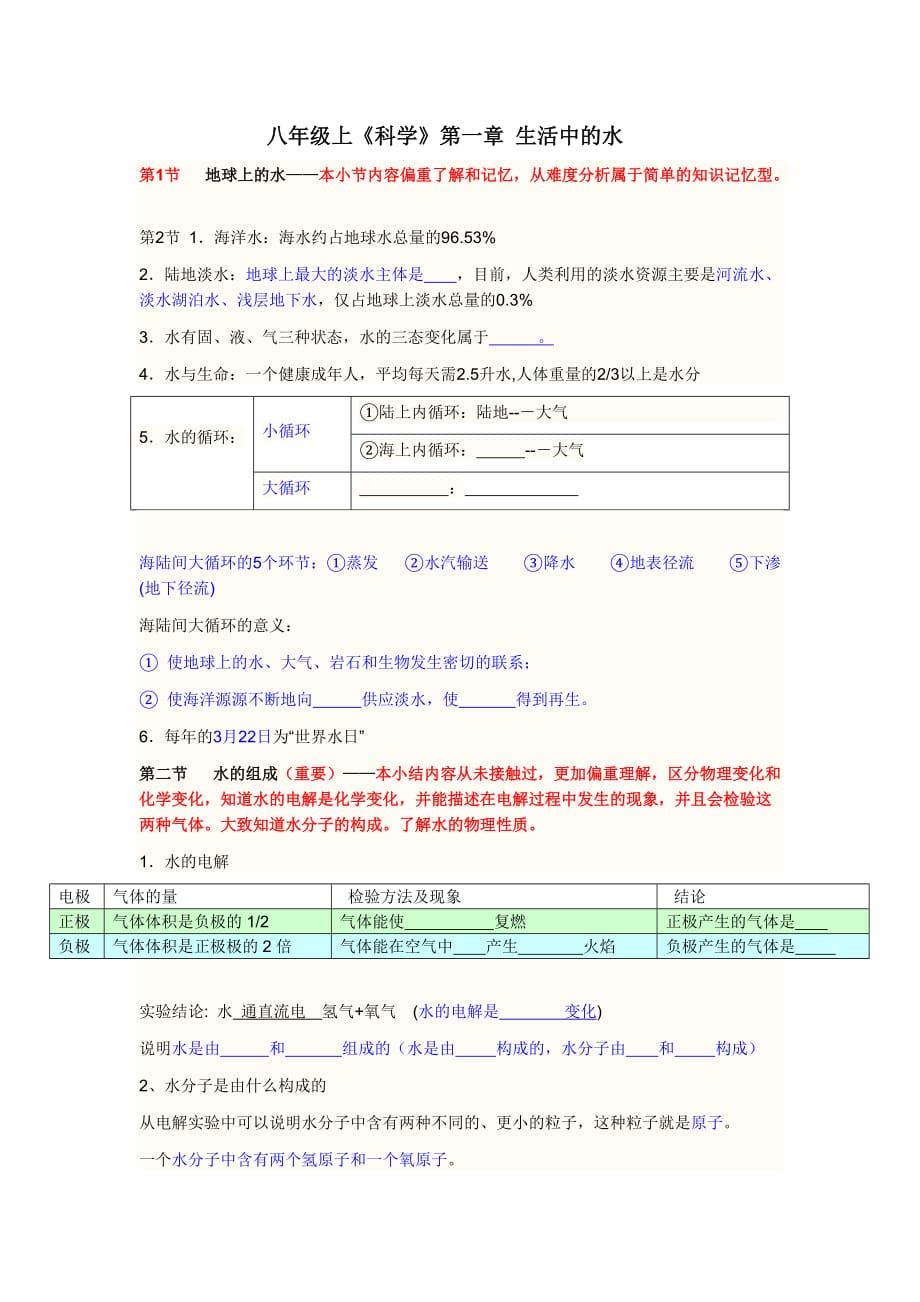 浙教版八年级上册科学第一章水和水的溶液知识点填空_第1页