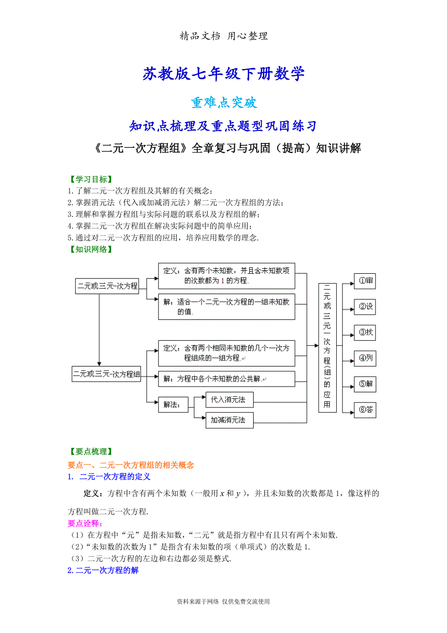 苏教版七年级下册数学[《二元一次方程组》全章复习与巩固(提高)知识点整理及重点题型梳理]_第1页