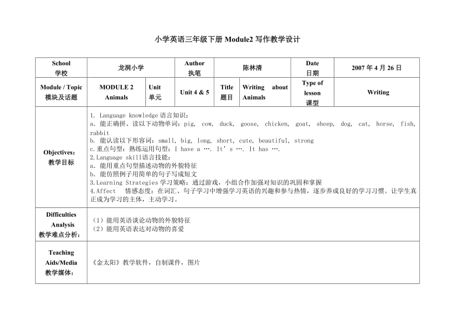 小学英语三年级下册Module2写作教学设计_第1页