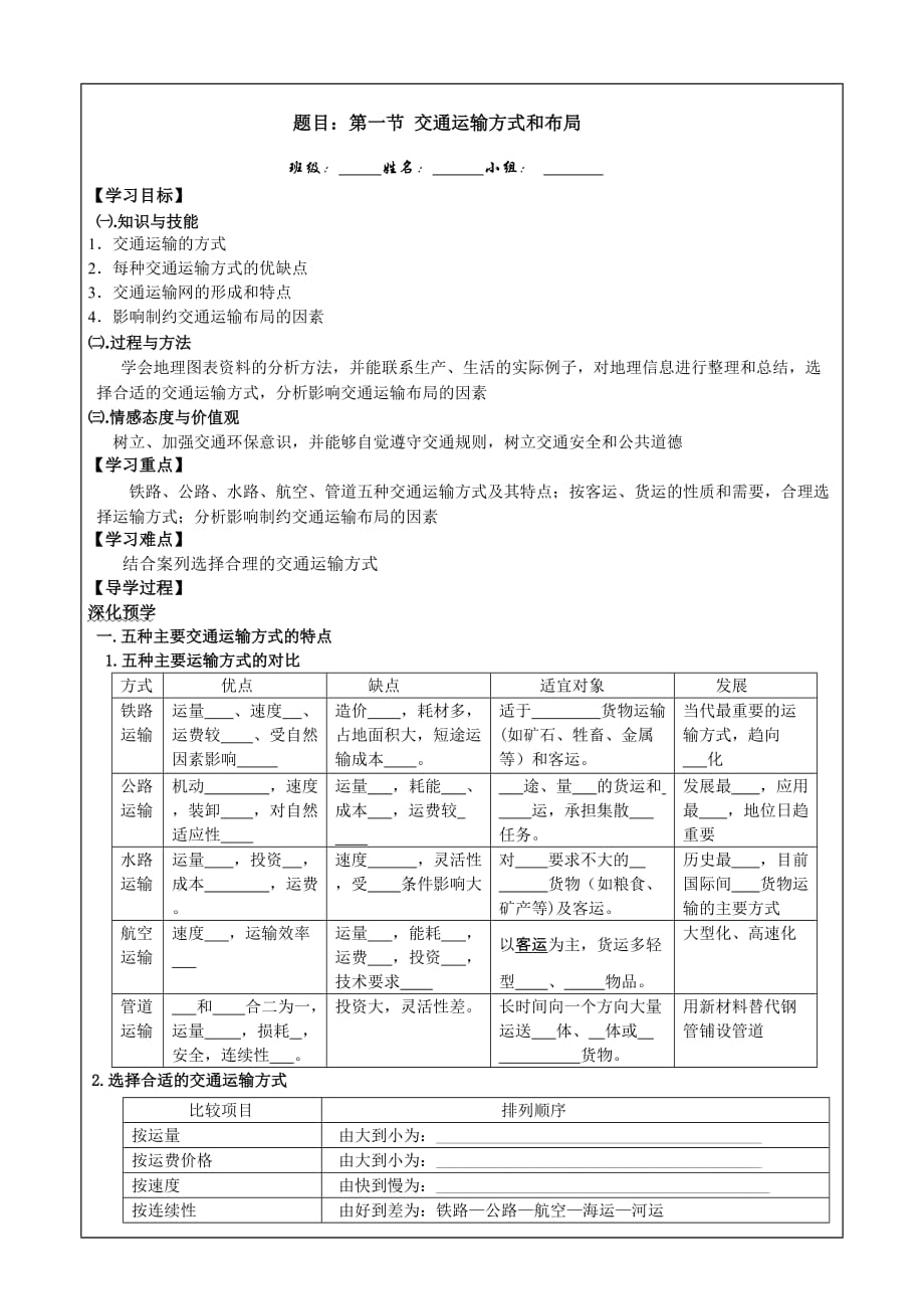 第一节交通运输方式和布局导学提纲_第1页