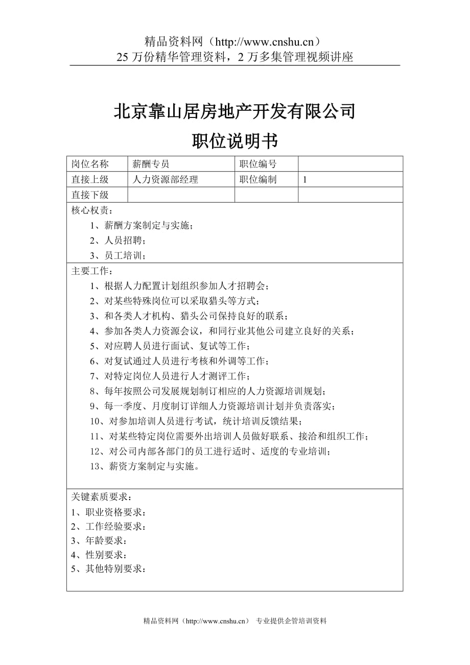 097北京靠山居房地产开发有限公司职位说明书 1材料.doc_第1页
