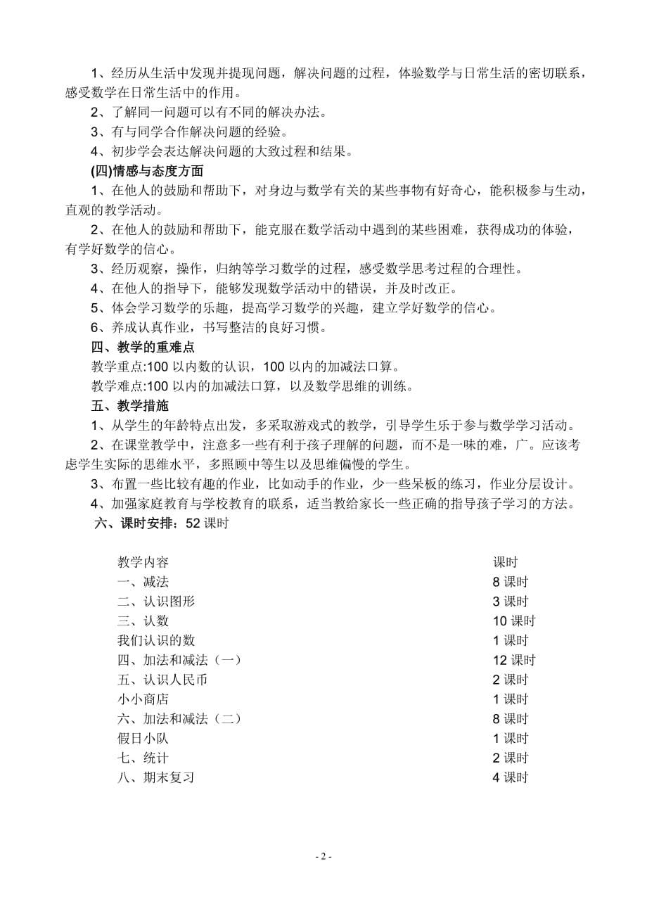 苏教版一年级下册数学教学计划1_第2页