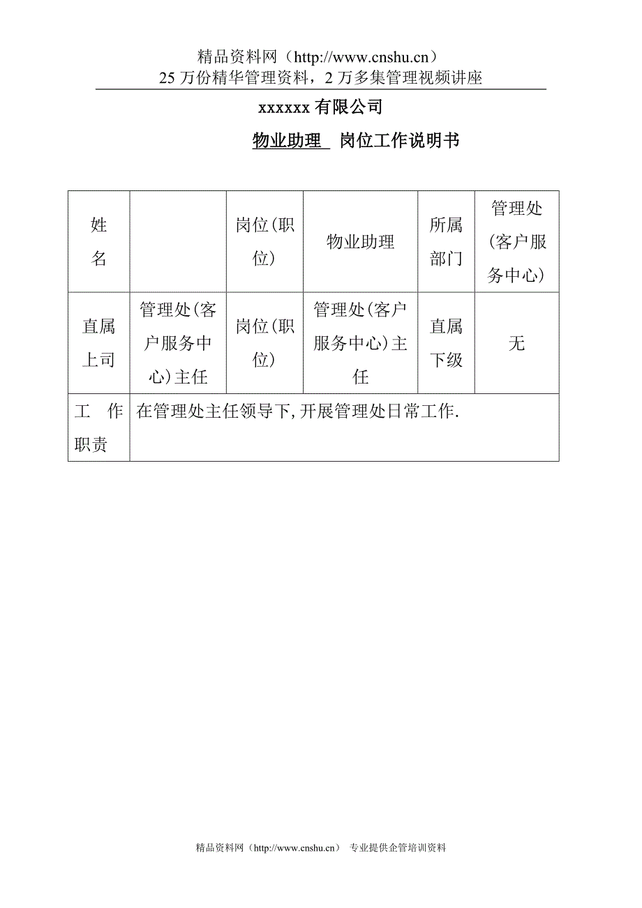 070管理处物业助理岗位工作说明书材料.doc_第1页