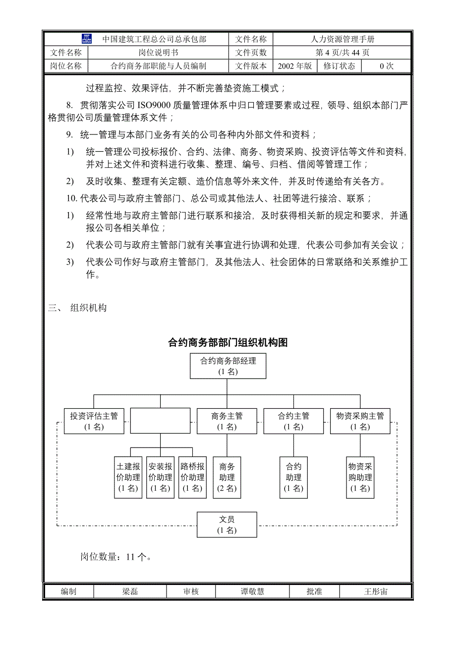 中国建筑工程总公司总承包部部门职能与人员编制材料.doc_第4页