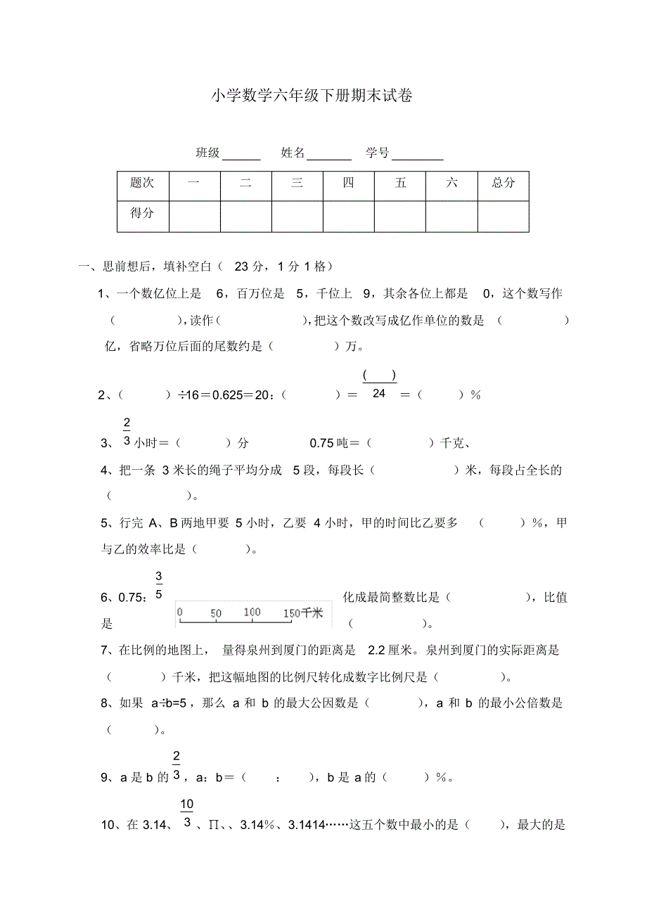 2020—2021年新人教版数学六年级下册期末试卷.doc_第1页