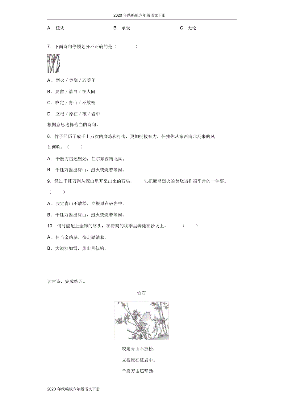 2020年统编版六年级语文下册10古诗三首同步检测试题(含答案解析)_第2页