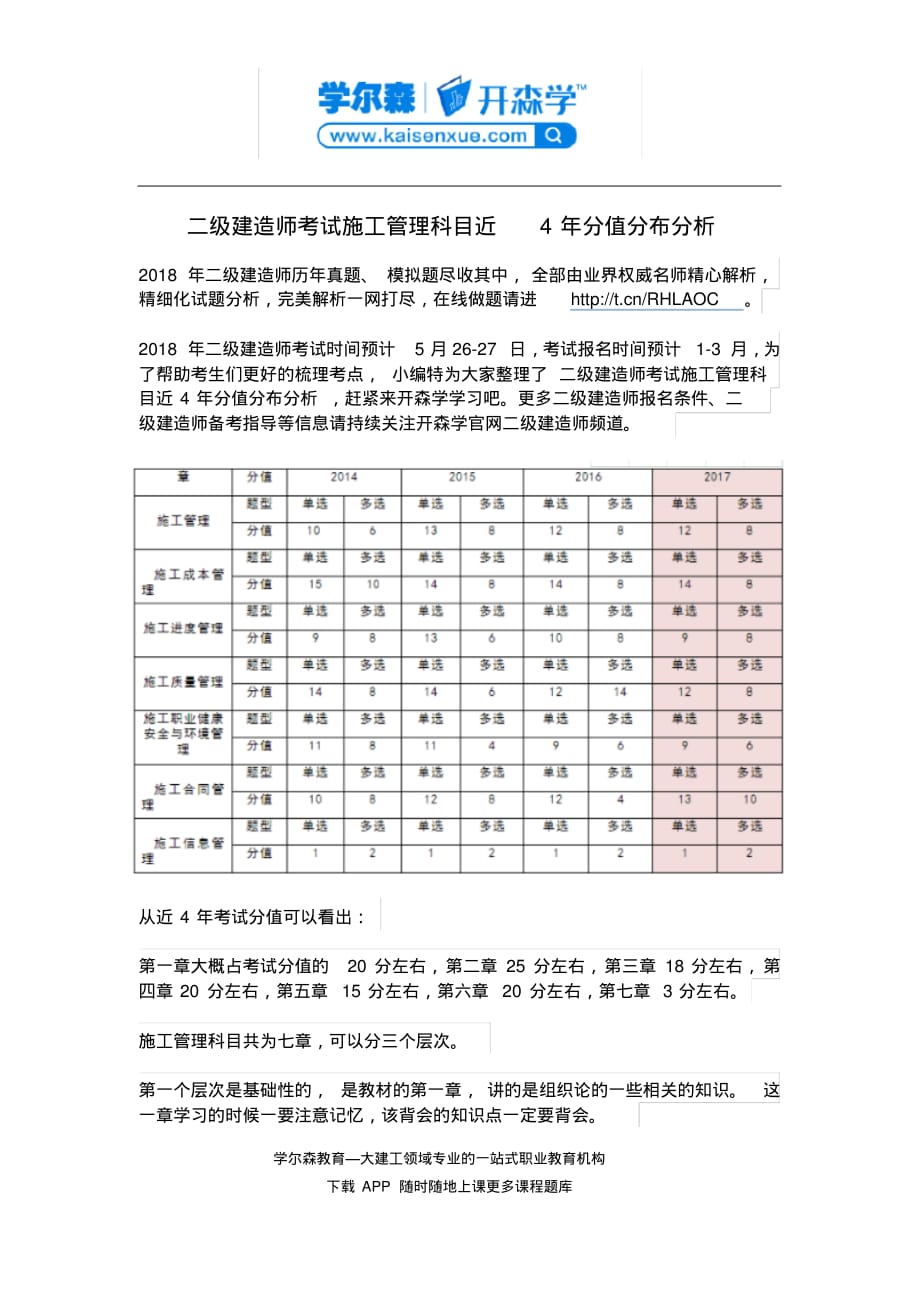 二级建造师考试施工管理科目近4年分值分布分析[实用]_第1页