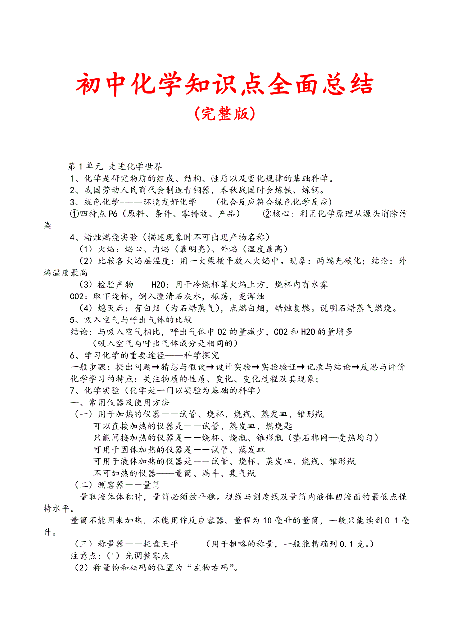 初三化学知识点总结归纳(完整版)-初中化学化学考点5164 修订_第1页