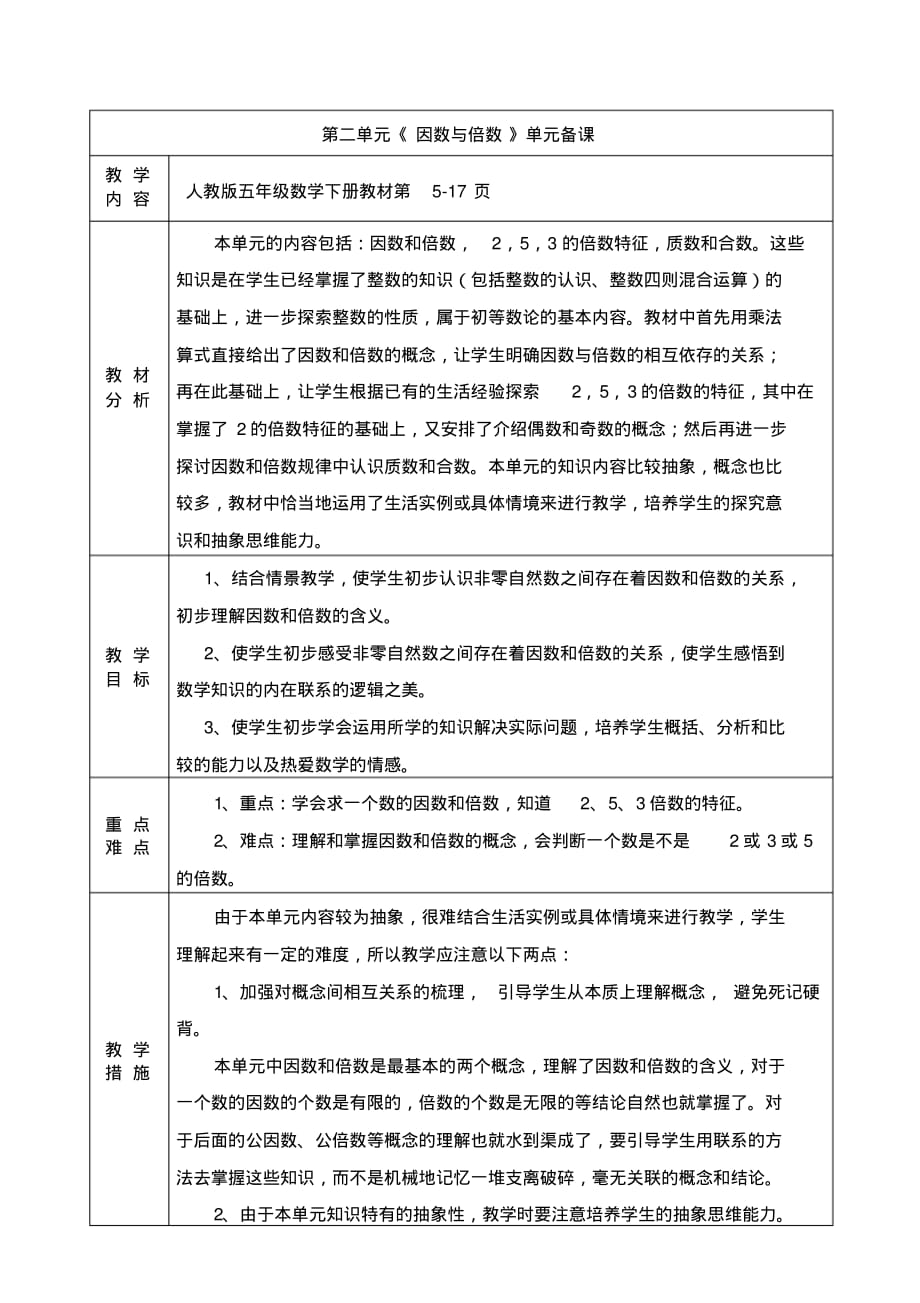 人教版小学数学五年级下册第二单元《因数与倍数》单元备课_第1页