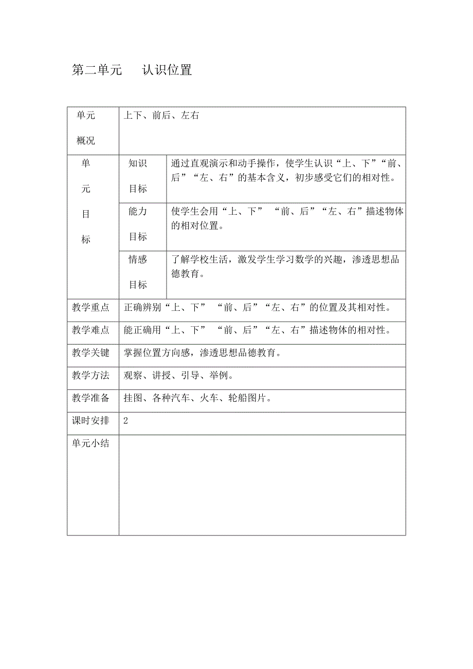 小学一年级数学上位置教案（最新精选编写）_第1页