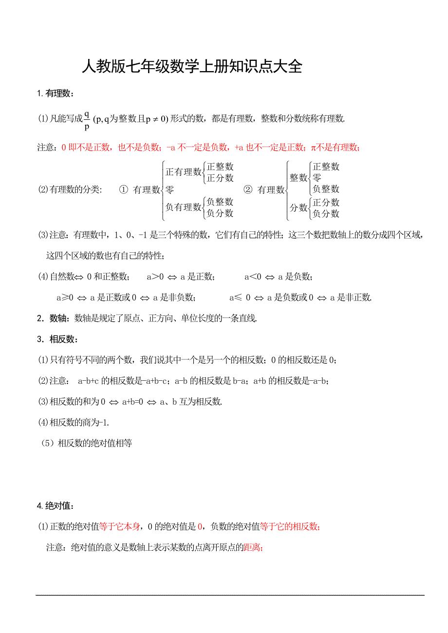 七年级上册数学知识点大全 修订-可编辑_第1页