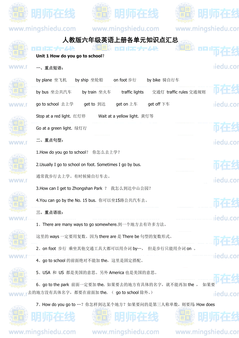 人教版六年级英语上册各单元知识点汇总 修订-可编辑_第1页