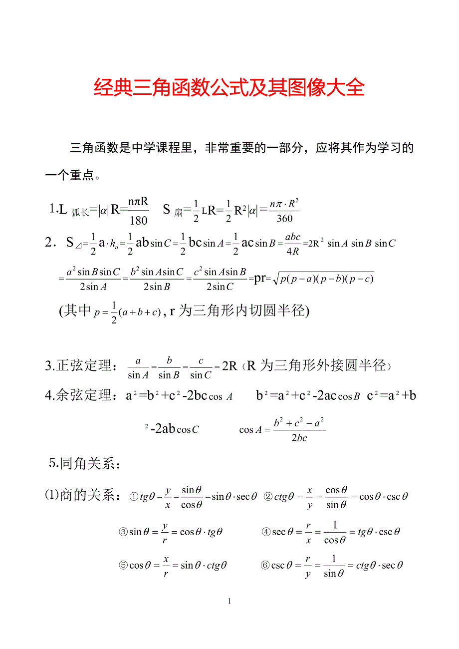 经典三角函数公式及其图像大全9869 修订-可编辑_第1页