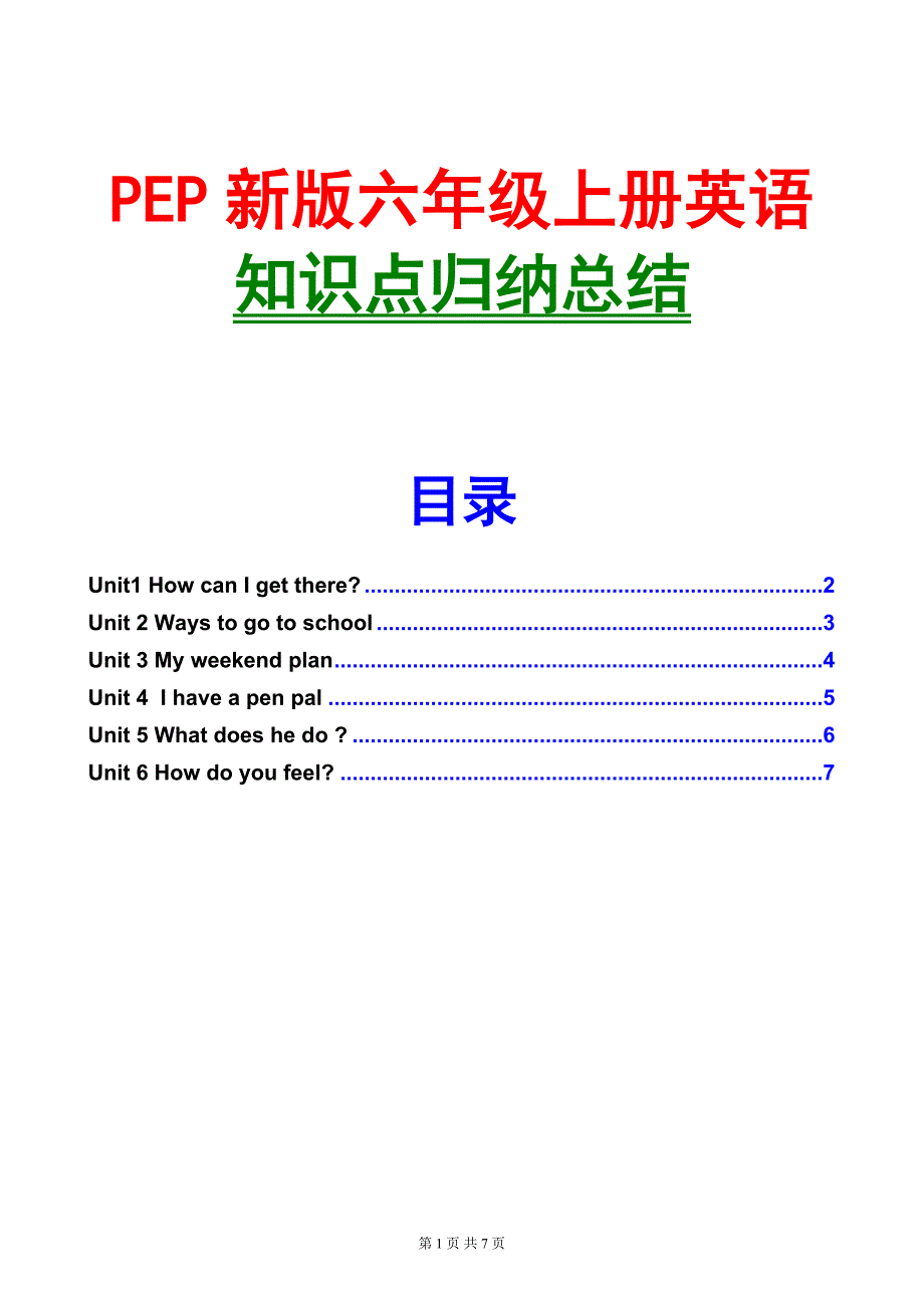 六年级上册英语知识点总结(PEP新版) 修订-可编辑_第1页