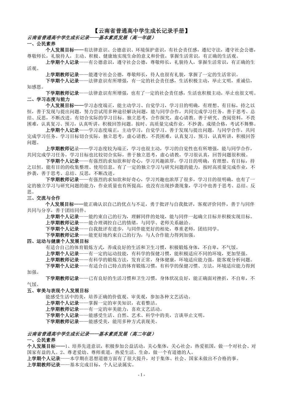 云南省普通高中学生成长记录手册 修订-可编辑_第1页