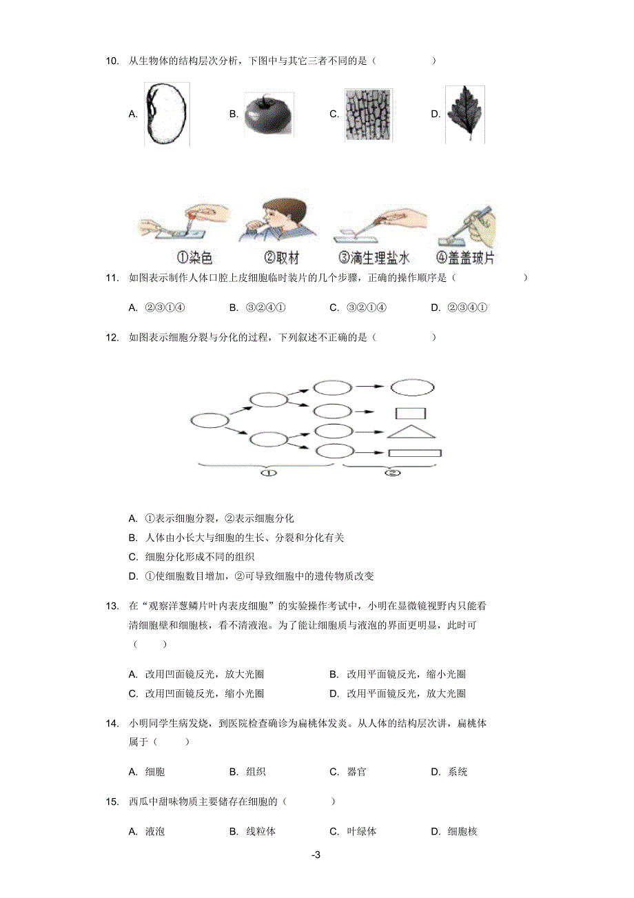 【备考2020】生物中考真题01—生物体的结构层次(含答案)解析版_第3页