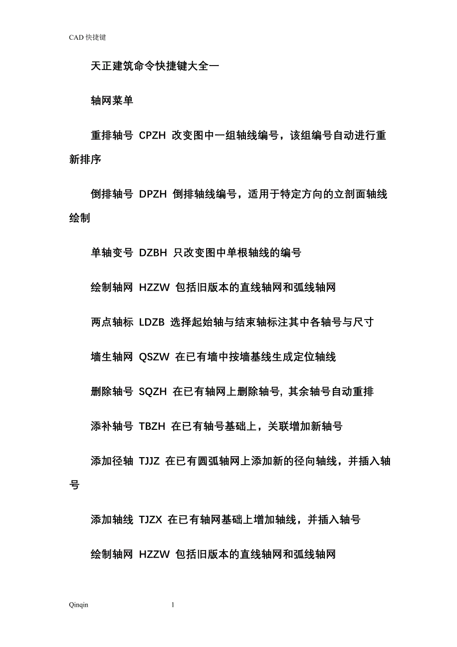 天正建筑快捷键大全 修订-可编辑_第1页