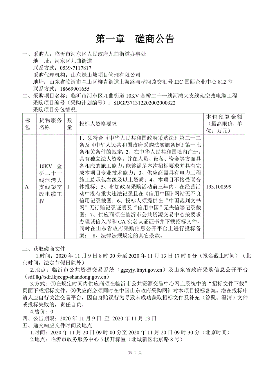 临沂市河东区九曲街道10KV金桥二十一线河湾大支线架空改电缆工程招标文件_第3页