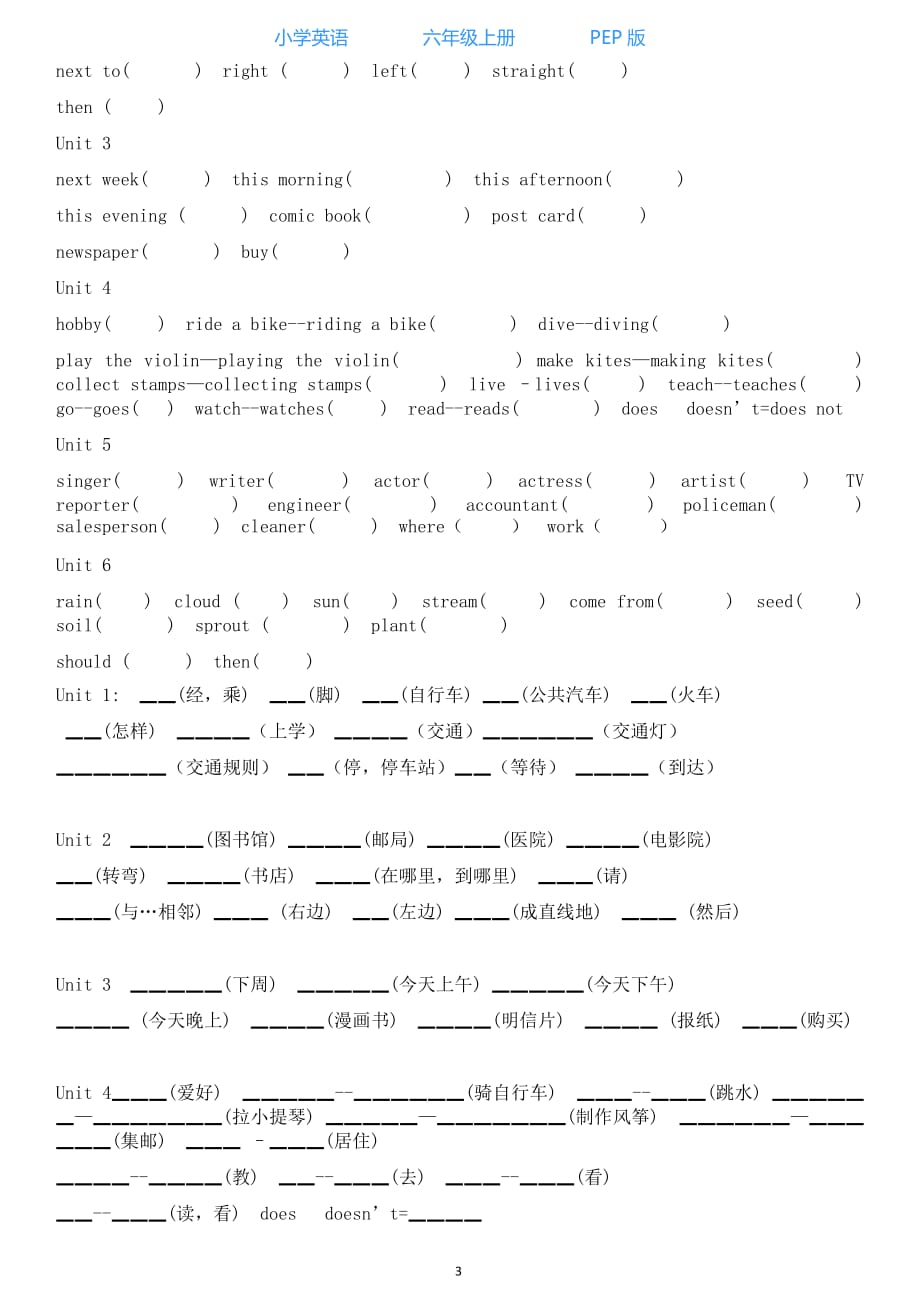 人教PEP版小学英语六年级上册Unit 1 单元知识小结（图表式）_第3页